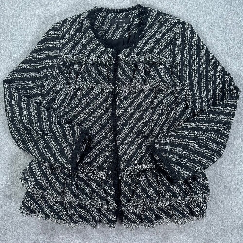 Ann Taylor Tweed Diagonal Stripe Peplum Blazer Womens 4 Black Fringe Trim Jacket